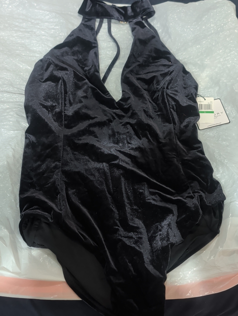 Laundry By Shelli Segal Black Velvet Halter One-Piece Swimsuit